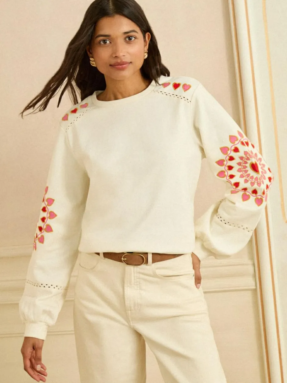 Love & Roses Cream Heart Ric Rac Embroidered Sweat Top Clearance