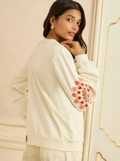 Love & Roses Cream Heart Ric Rac Embroidered Sweat Top Clearance
