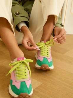 Love & Roses Mix Material Retro Comfort Jogger Trainers Green Pink Multi Clearance