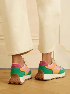 Love & Roses Mix Material Retro Comfort Jogger Trainers Green Pink Multi Clearance