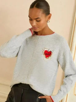 Love & Roses Cosy Knitted Jumper Grey Sequin Red Love Heart New