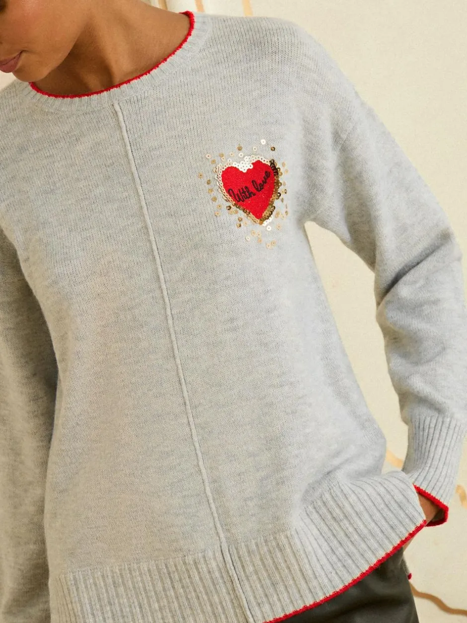 Love & Roses Cosy Knitted Jumper Grey Sequin Red Love Heart New