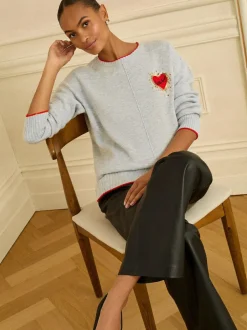 Love & Roses Cosy Knitted Jumper Grey Sequin Red Love Heart New