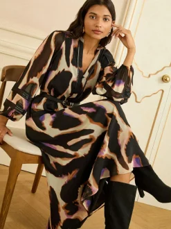 Love & Roses Ivory Animal PU Trim Midi Dress Sale