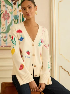 Love & Roses Ivory Embroidered Knitted Cardigan Clearance