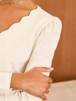 Love & Roses Ivory Scallop V-Neck Long Sleeve Jersey Top Outlet