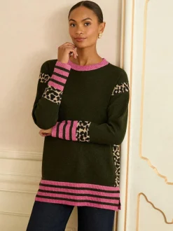 Love & Roses Khaki Green Animal Side Stripe Crew Neck Cosy Jumper Clearance