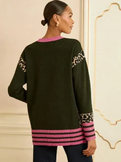 Love & Roses Khaki Green Animal Side Stripe Crew Neck Cosy Jumper Clearance