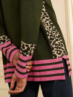 Love & Roses Khaki Green Animal Side Stripe Crew Neck Cosy Jumper Clearance