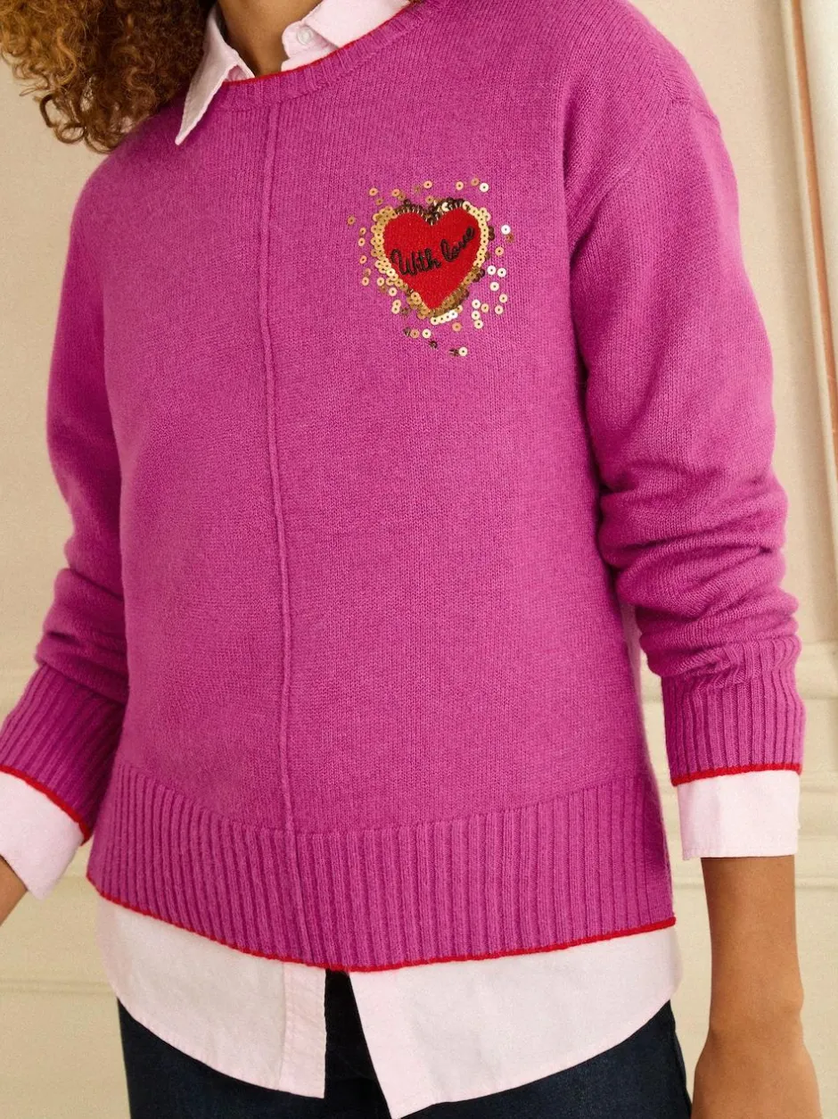 Love & Roses Cosy Knitted Jumper Magenta Sequin Red Love Heart Online