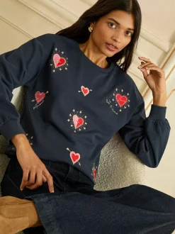 Love & Roses Navy Blue Heart Embroidery Crew Neck Jersey Sweatshirt Sale