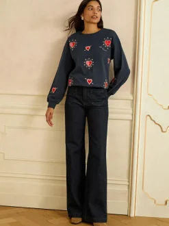 Love & Roses Navy Blue Heart Embroidery Crew Neck Jersey Sweatshirt Sale