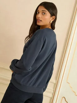 Love & Roses Navy Blue Heart Embroidery Crew Neck Jersey Sweatshirt Sale