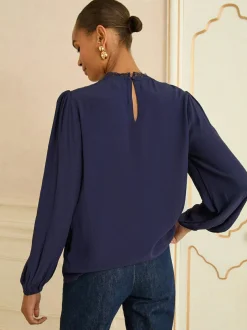 Love & Roses Navy Embroidered Crew Neck Long Sleeve Blouse Hot