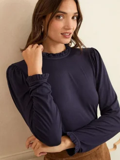 Love & Roses Navy Frill Neck Long Sleeve Jersey Top New