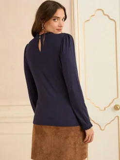 Love & Roses Navy Frill Neck Long Sleeve Jersey Top New