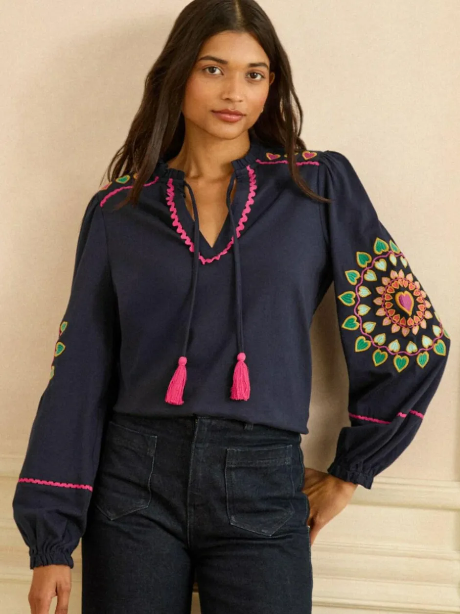 Love & Roses Navy Heart Ric Rac Embroidered Notch Neck Long Sleeve Top Online