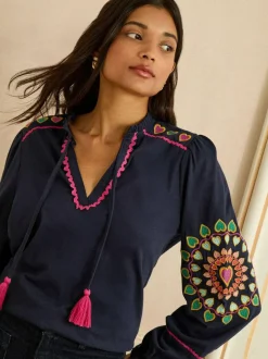 Love & Roses Navy Heart Ric Rac Embroidered Notch Neck Long Sleeve Top Online