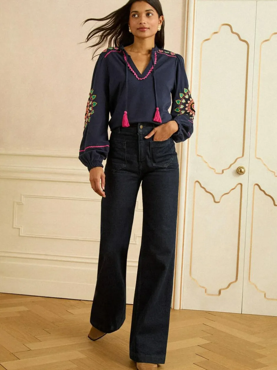 Love & Roses Navy Heart Ric Rac Embroidered Notch Neck Long Sleeve Top Online
