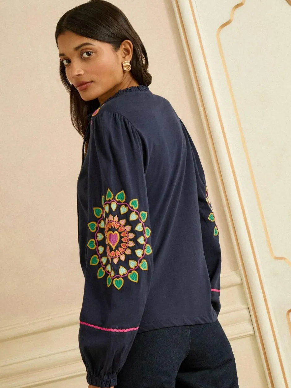 Love & Roses Navy Heart Ric Rac Embroidered Notch Neck Long Sleeve Top Online