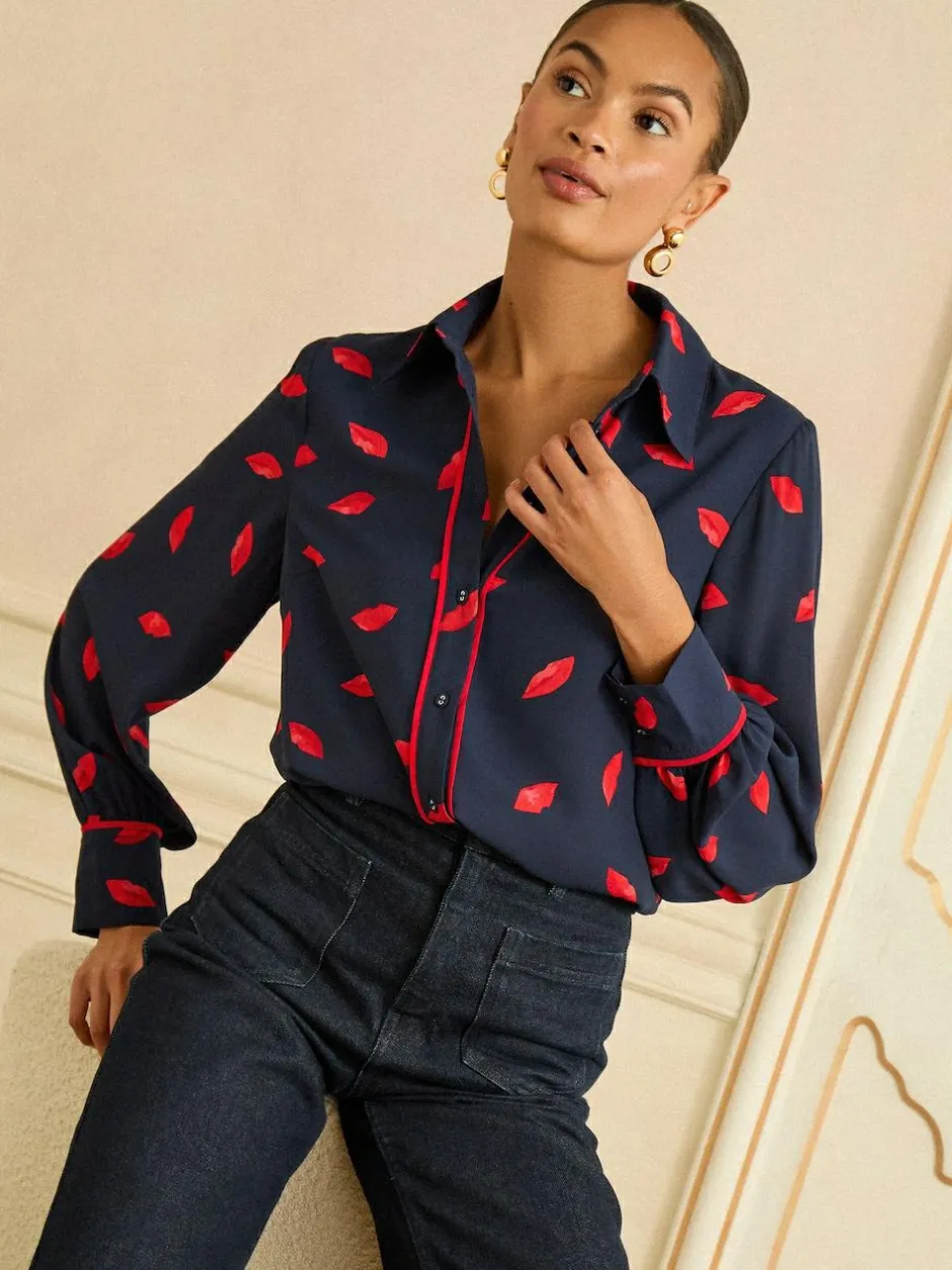 Love & Roses Long Sleeve Button Through Shirt Navy Lips Print Online