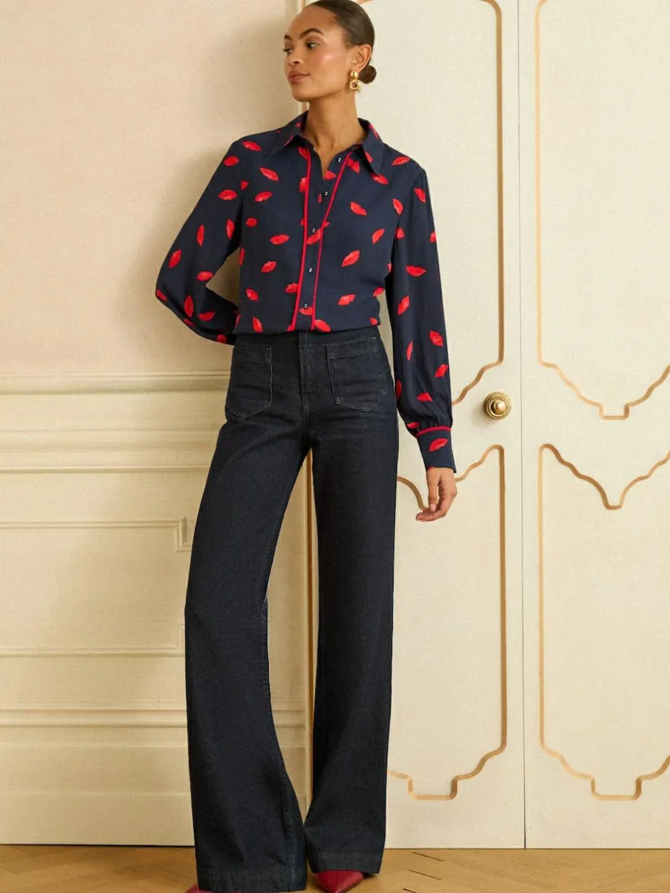Love & Roses Long Sleeve Button Through Shirt Navy Lips Print Online