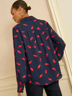 Love & Roses Long Sleeve Button Through Shirt Navy Lips Print Online
