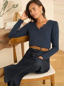 Love & Roses Navy Scallop V-Neck Long Sleeve Jersey Top Hot