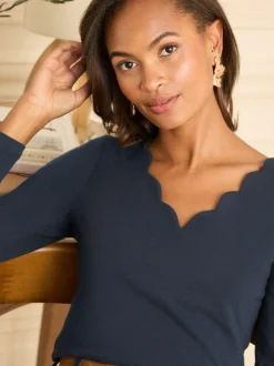 Love & Roses Navy Scallop V-Neck Long Sleeve Jersey Top Hot