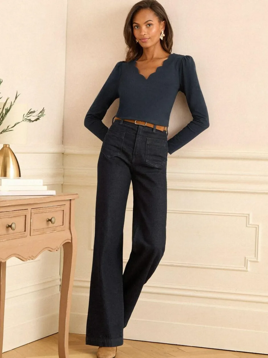 Love & Roses Navy Scallop V-Neck Long Sleeve Jersey Top Hot