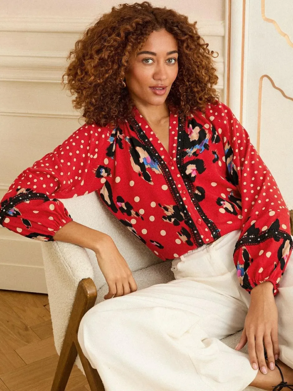 Love & Roses Red Animal Notch Neck Long Sleeve Blouse