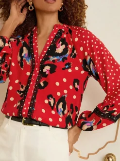 Love & Roses Red Animal Notch Neck Long Sleeve Blouse