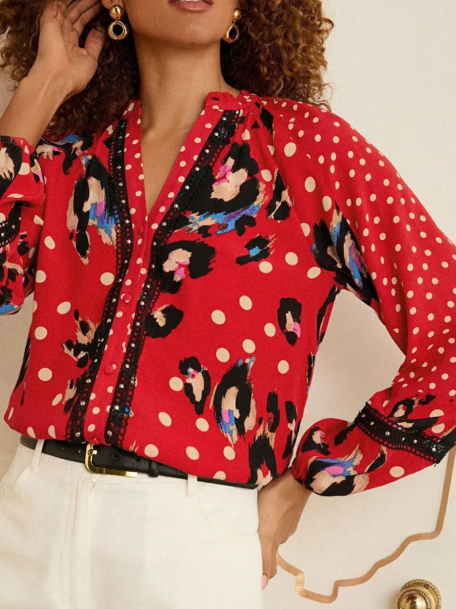 Love & Roses Red Animal Notch Neck Long Sleeve Blouse