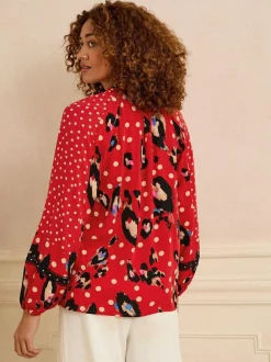 Love & Roses Red Animal Notch Neck Long Sleeve Blouse
