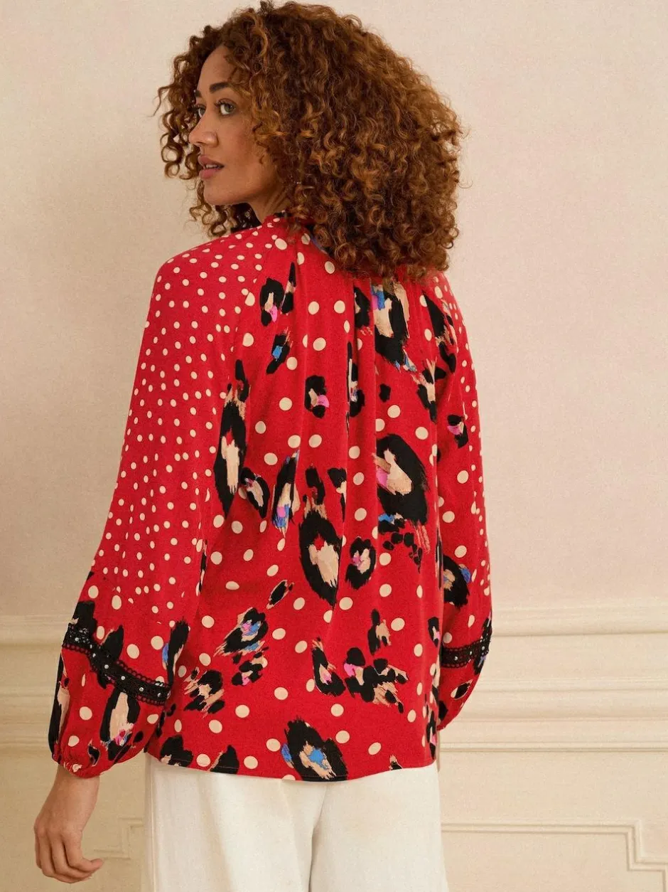 Love & Roses Red Animal Notch Neck Long Sleeve Blouse