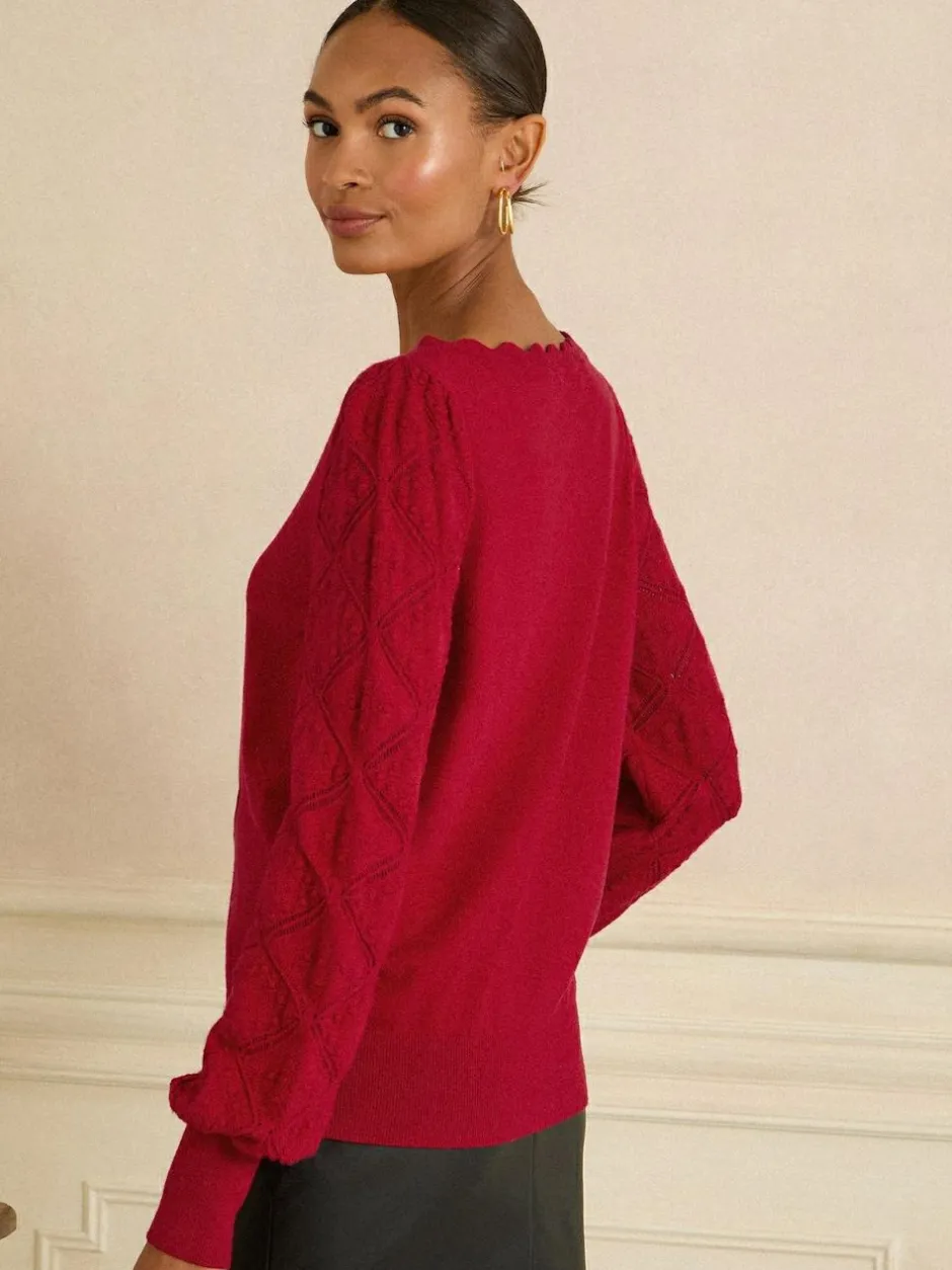 Love & Roses Red Bobble Stitch Scallop Knit Jumper Sale