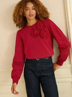 Love & Roses Red Corsage Detail Crew Neck Jersey Sweatshirt Outlet