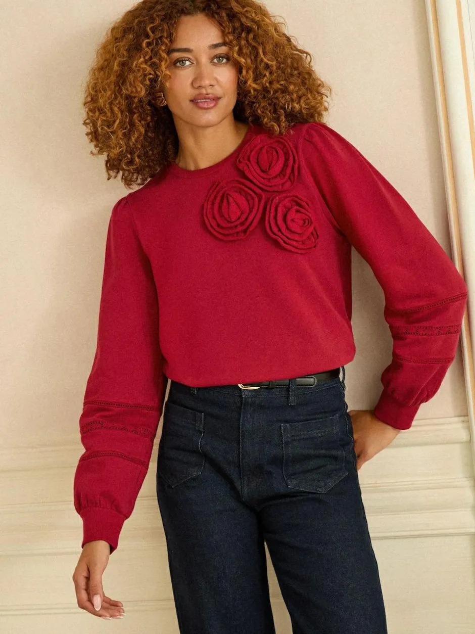 Love & Roses Red Corsage Detail Crew Neck Jersey Sweatshirt Outlet