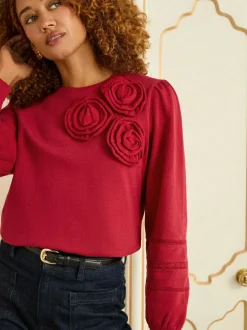 Love & Roses Red Corsage Detail Crew Neck Jersey Sweatshirt Outlet