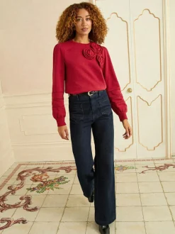 Love & Roses Red Corsage Detail Crew Neck Jersey Sweatshirt Outlet