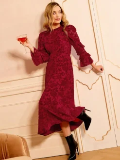 Love & Roses Burnout Ruffle Midi Dress Red Floral Hot