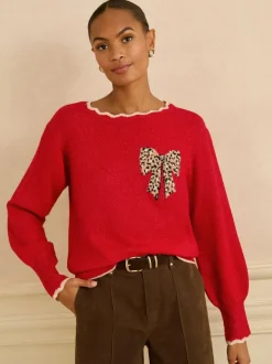Love & Roses Scallop Knitted Jumper Red Leopard Print Bow Discount