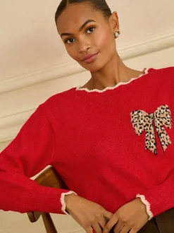 Love & Roses Scallop Knitted Jumper Red Leopard Print Bow Discount