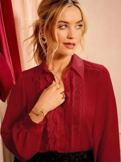 Love & Roses Button Through Long Sleeve Shirt Red Scallop Online