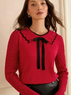 Love & Roses Knitted Collar Jumper Red Tipped Bow Sale
