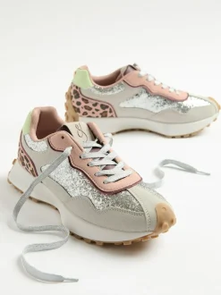 Love & Roses Mix Material Retro Comfort Jogger Trainers Silver Glitter Outlet