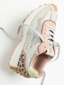 Love & Roses Mix Material Retro Comfort Jogger Trainers Silver Glitter Outlet
