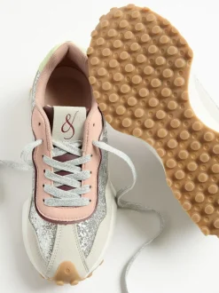 Love & Roses Mix Material Retro Comfort Jogger Trainers Silver Glitter Outlet