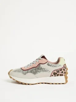 Love & Roses Mix Material Retro Comfort Jogger Trainers Silver Glitter Outlet