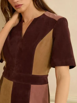 Love & Roses Tan Brown and Pink Faux Suede Mix Mini Dress New